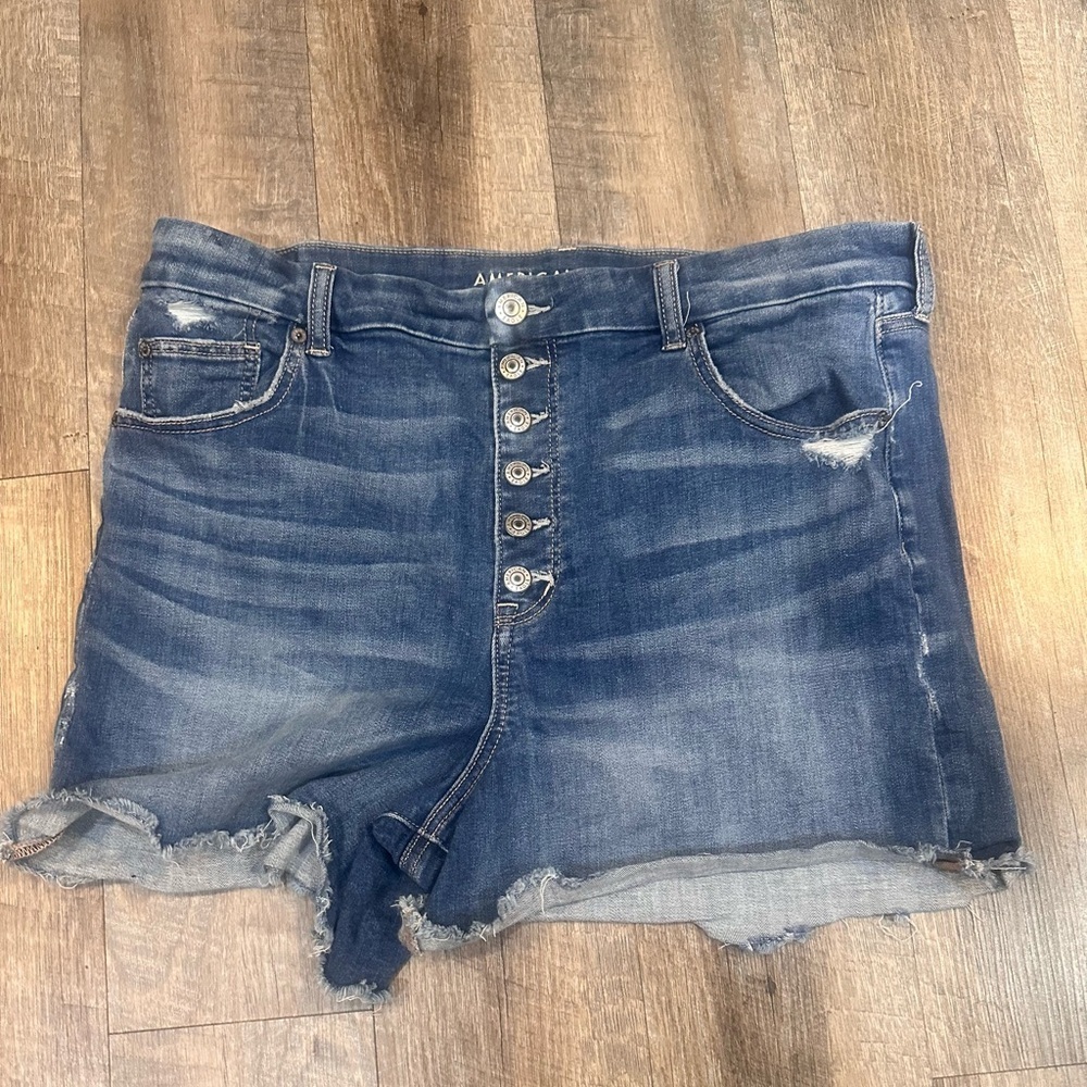 American Eagle Outfitters Women's Distressed Blue Jean Shorts button fly